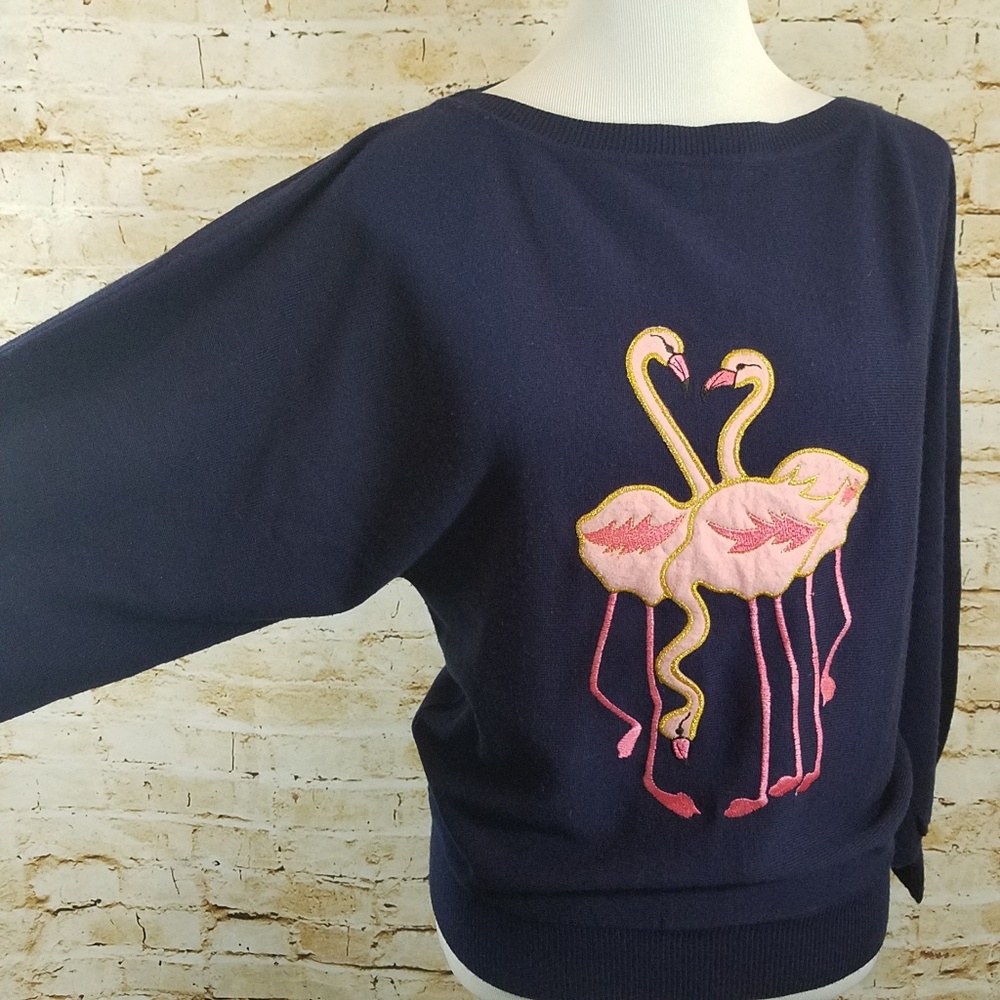 Vintage Leroy Knitwear Knit Navy Flamingo Sweater - Picture 3 of 4